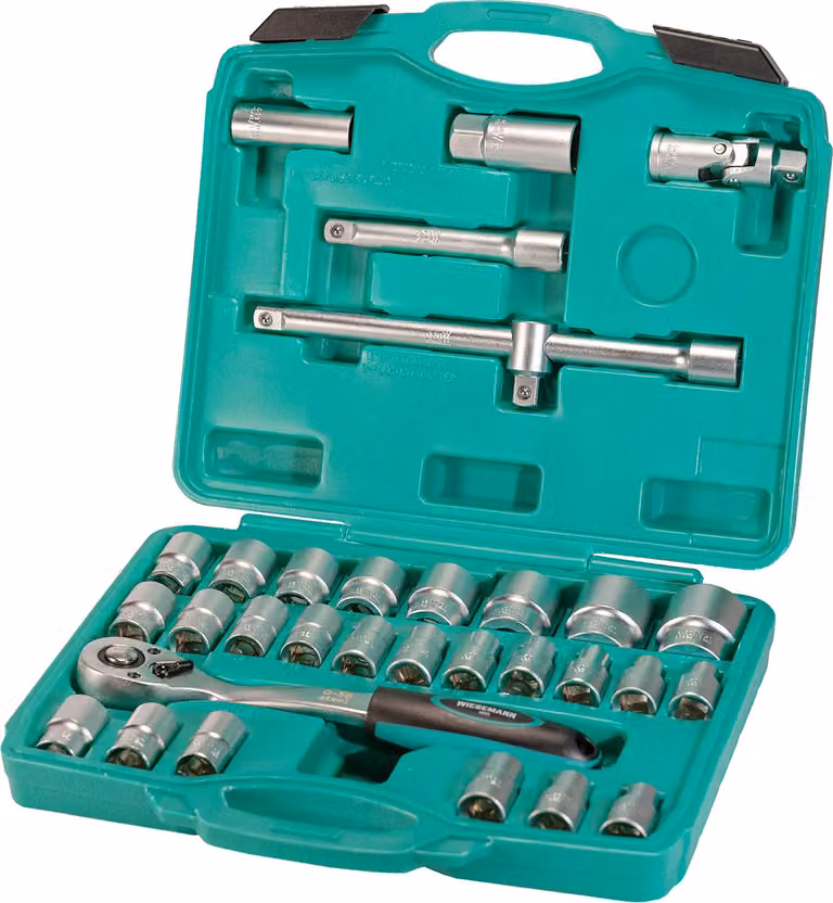 Set cricchetto e bussole da 32 pezzi 1/2″ con attacco per candela di accensione | WIESEMANN 80096 | bussole esagonali e dodegaconali