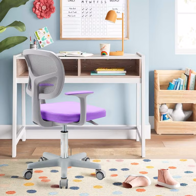 Sedia da scrivania girevole per bambini Costway, sedile in tessuto viola con braccioli e rotazione a 360 gradi