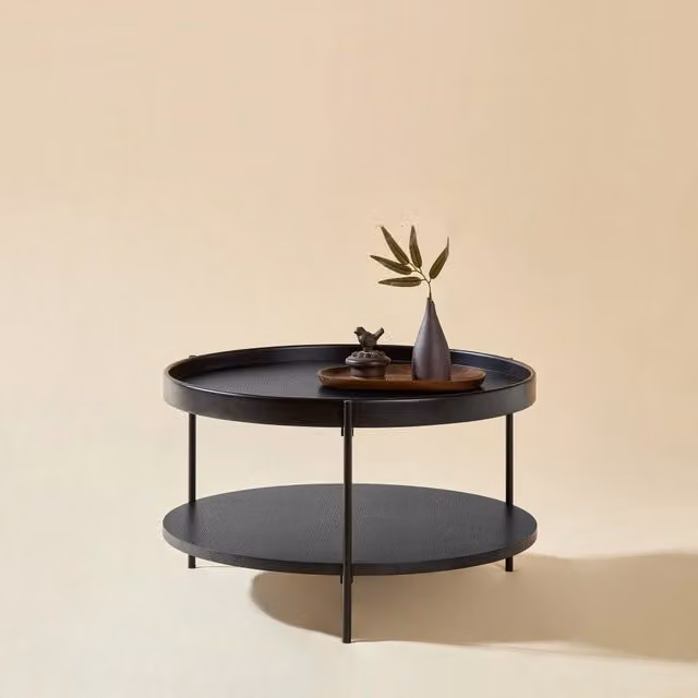 Tavolino da Salotto Rotondo 69x69x38 cm, Legno Massiccio e Metallo, Design a Vassoio a 2 Livelli, Montaggio Semplice. Colori: Frassino Naturale, Noce, Nero
