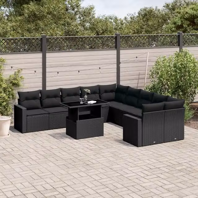 Set di Divani da Giardino vidaXL 11 Pezzi in Polyrattan Nero con Cuscini e Tavolino da Esterno – 1