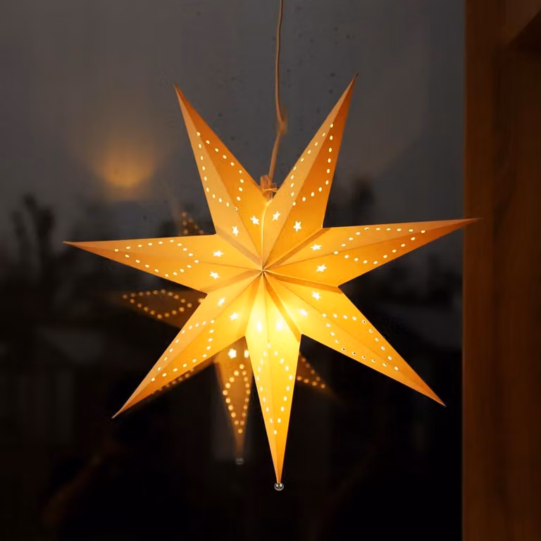Stella decorativa in carta con luci LED, 55 cm, luce bianco caldo, attacco E14, da appendere, decorazione natalizia