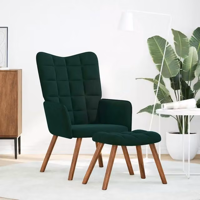 Poltrona Relax con Sgabello in Velluto Verde con Braccioli e Struttura in Legno e Metallo