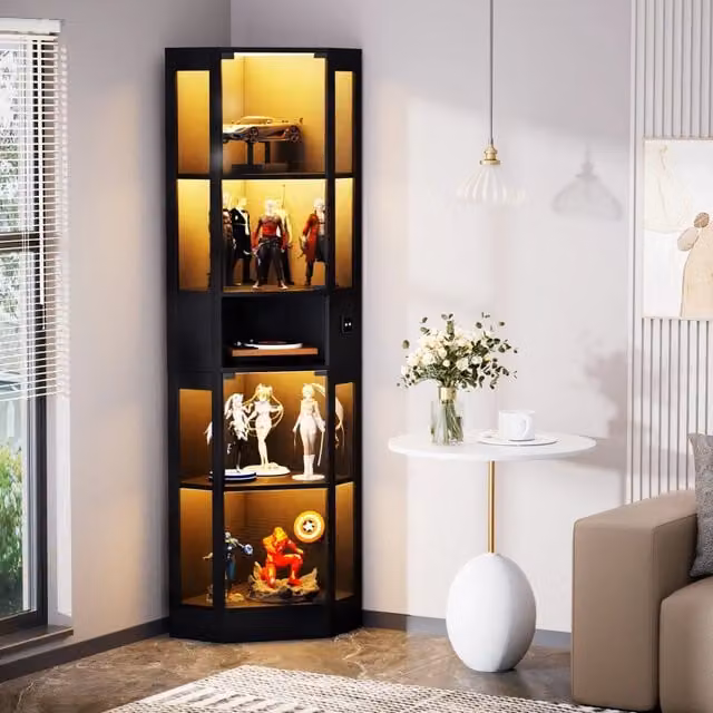 Vetrina con ante in vetro e illuminazione LED a tre colori con sensore di movimento MDF nera 57 × 165 × 40 cm