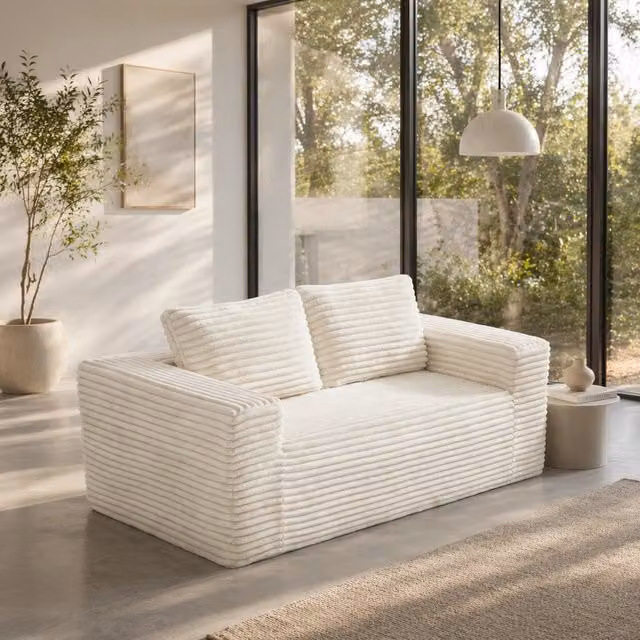 Divano beige in velluto a coste con schiuma ad alta densità; senza montaggio