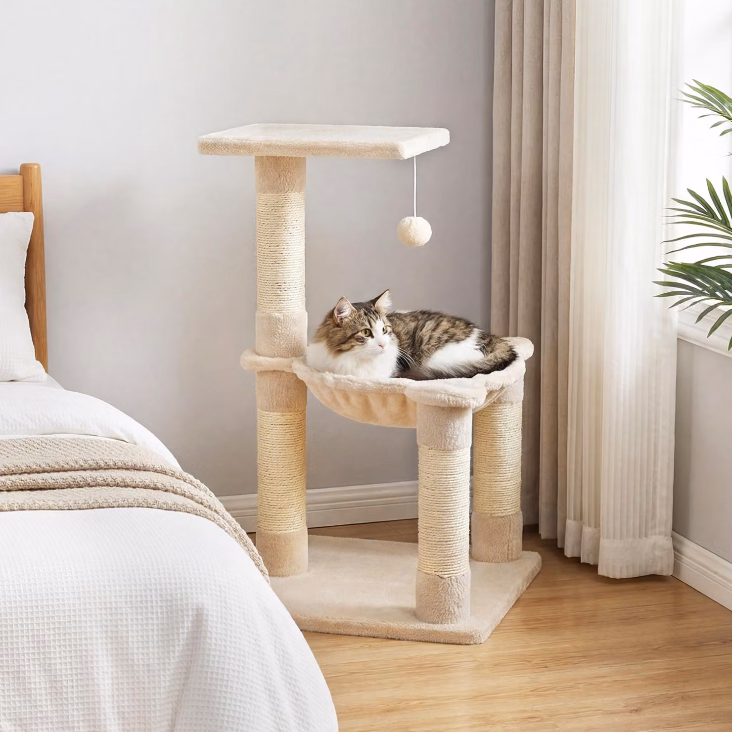 COSTWAY Tiragraffi piccolo, tiragraffi per gatti con comoda amaca, piattaforma, pallina e montanti, tiragraffi in legno, albero da arrampicata, 40x40x64 cm (beige)