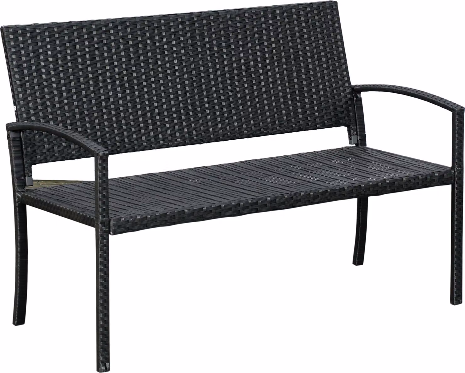 Panchina da giardino in polyrattan a 2 posti con struttura in acciaio e intreccio, per giardino e terrazza, nera, L 122 x P 60 x H 85 cm