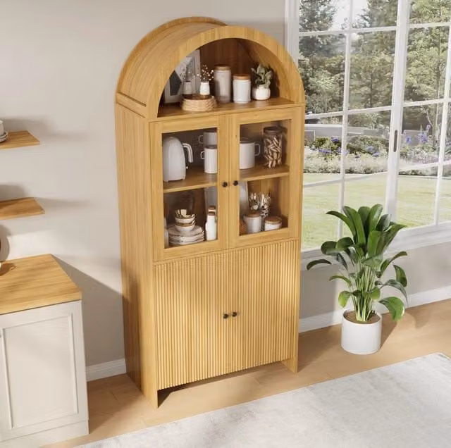 Vetrina alta 78x40x176 cm in truciolare naturale, con contenitore integrato per soggiorno -