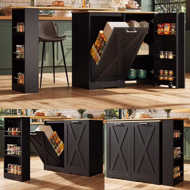okwish Mobile da cucina girevole: moderno bancone da pranzo con ripiani laterali e vano portaoggetti, mobile da cucina con ante a ribalta e design tridimensionale, nero