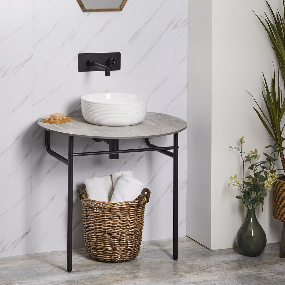 Consolle  Nera con Lavabo Rotondo da 360mm e Ripiano Grigio Pietra - Nitido