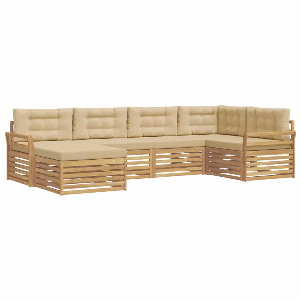 Set di divani da esterno a L con ottoman vidaXL, 6 pezzi, Bianco e Beige, in legno di acacia e tessuto – 2