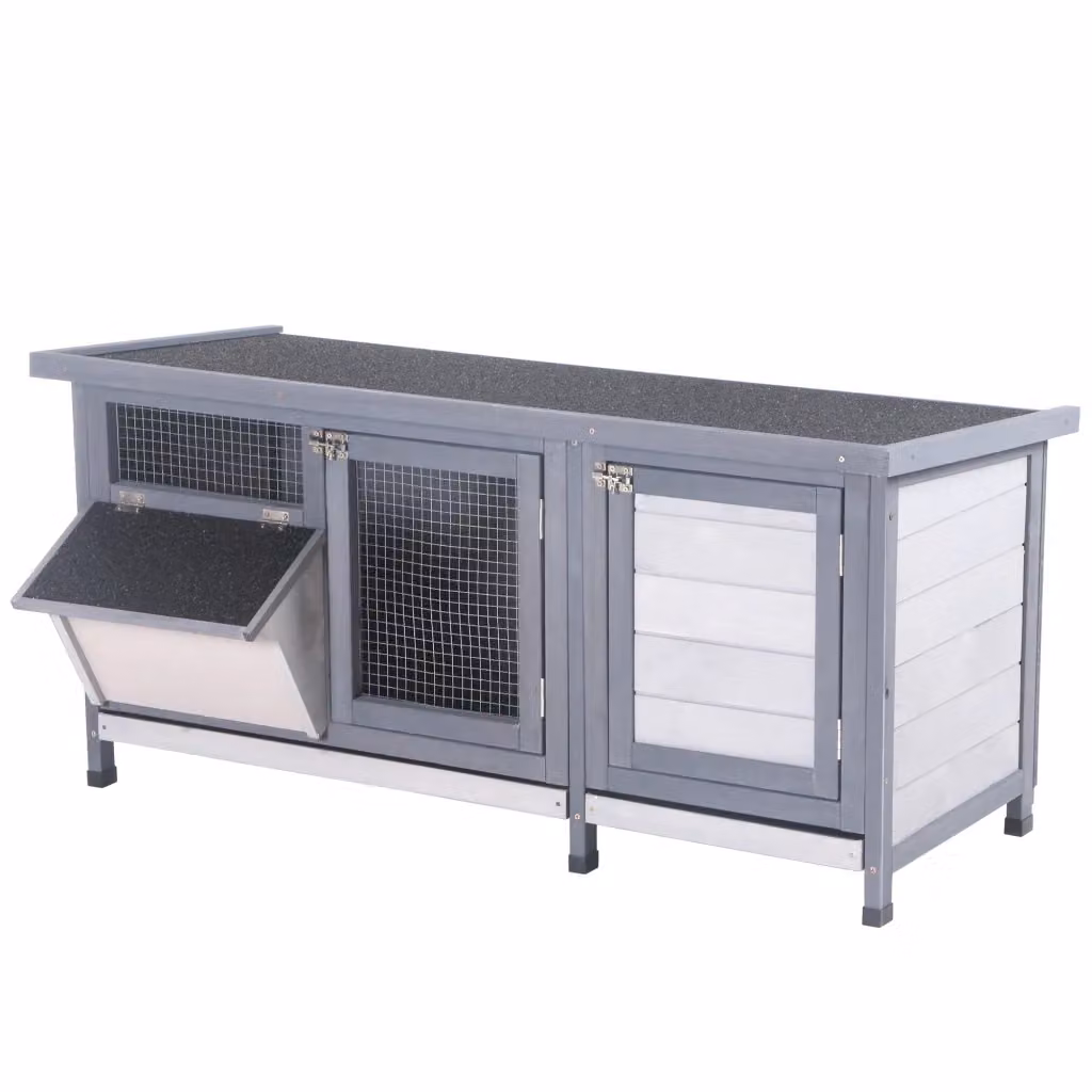 Gabbia per conigli in legno XYLO con tetto bituminoso e griglia metallica, Grigio Nero, L 112 cm x P 50 cm x H 54 cm – 2