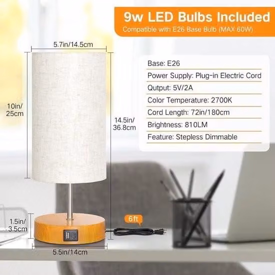 Lampada da comodino – Lampada da comodino, lampada da tavolo in legno con 3 livelli di regolazione dell'intensità luminosa e porte di ricarica USB-A+C – Lampade touch – Paralume in tessuto di lino – Piccola lampada da tavolo per camera da letto e soggiorn