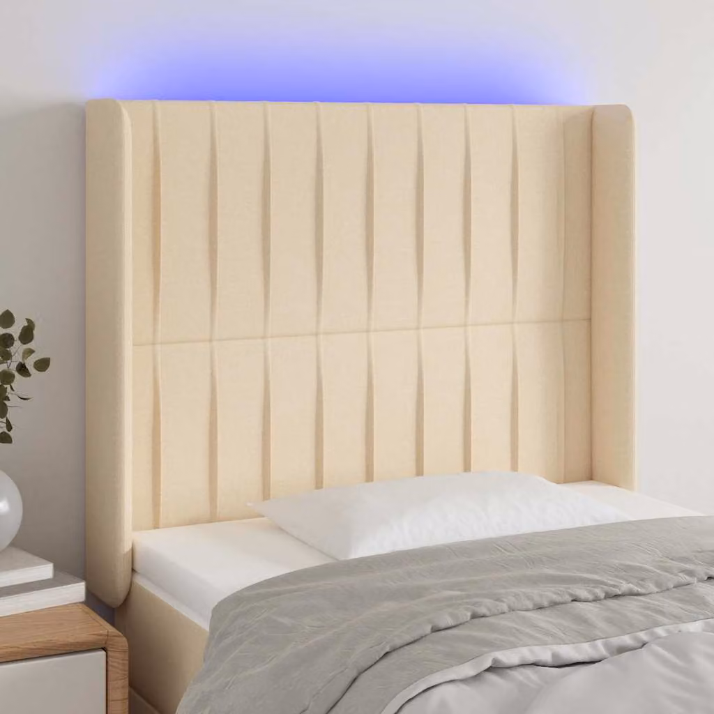 Testiera con LED e porta USB vidaXL in tessuto beige con struttura in legno L: 103 cm, P: 16 cm, H: 118-128 cm