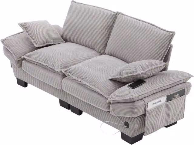 Divano 2 posti 190x73x84 cm in velluto a coste con USB-C e tasche; grigio chiaro