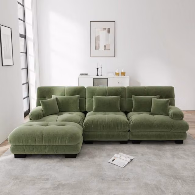 Divano modulare con ottomane mobili in ciniglia verde; 313 x 145 x 81 cm
