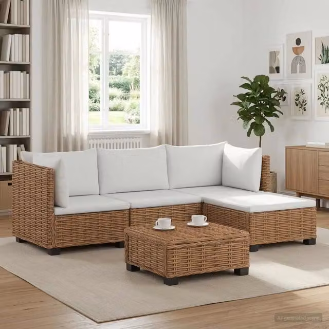 Set Lounge da Giardino a Forma di L vidaXL in Polyrattan con Cuscini Beige e Bianco – 1