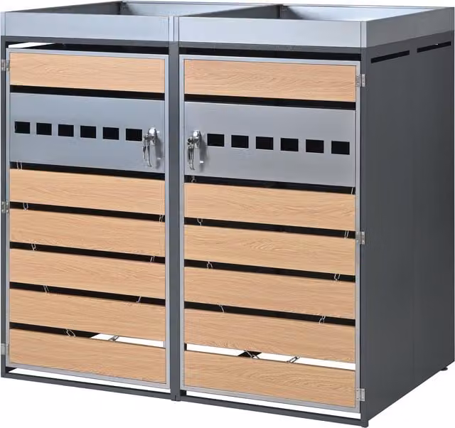 Box per bidoni GL Store con fioriera integrata e ventilazione, armadio divisibile a 2 ante chiudibile a chiave, L/P/H: 132 x 80 x 124,5 cm, Grigio e Colore naturale – 1