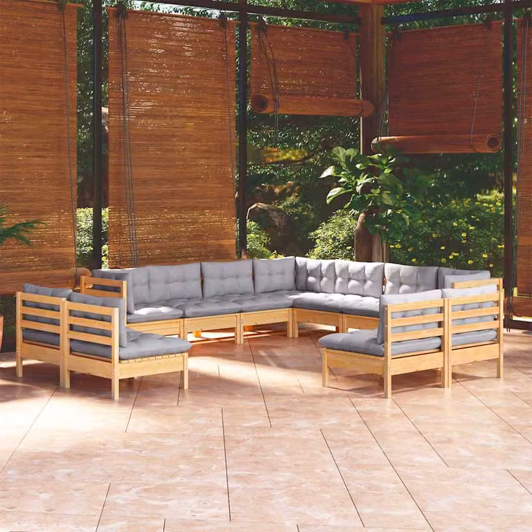 vidaXL Set Divani da Giardino 11 pz a forma di U in Legno Massello di Pino con Cuscini Grigi