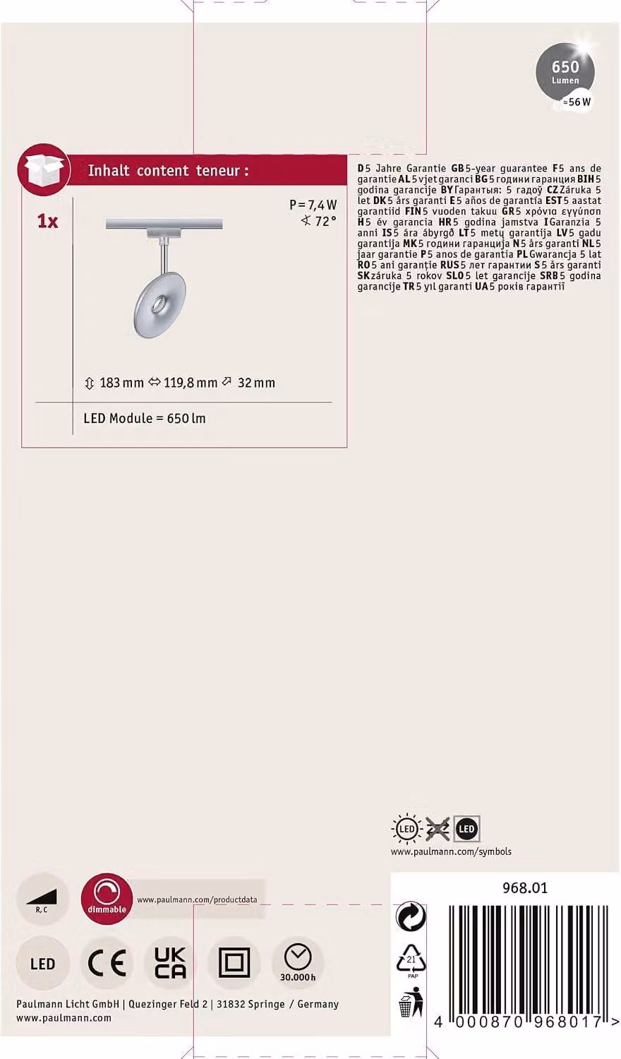 Paulmann URail, faretti a binario LED, modello Sphere, 7,4W, 4000K, luce bianca neutra, dimmerabile, finitura cromata opaca – Art. 96801