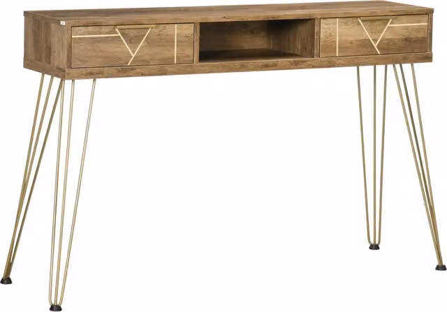 Consolle da ingresso minimal in legno e bronzo con 2 cassetti e ripiano aperto L 120 cm, P 29 cm, H 79 cm