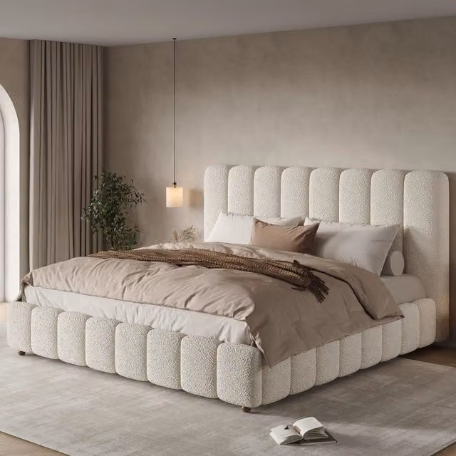 Letto contenitore imbottito 200x200 cm; sollevamento idraulico; rete a doghe; testiera imbottita; ampio spazio contenitore; boucl ; bianco