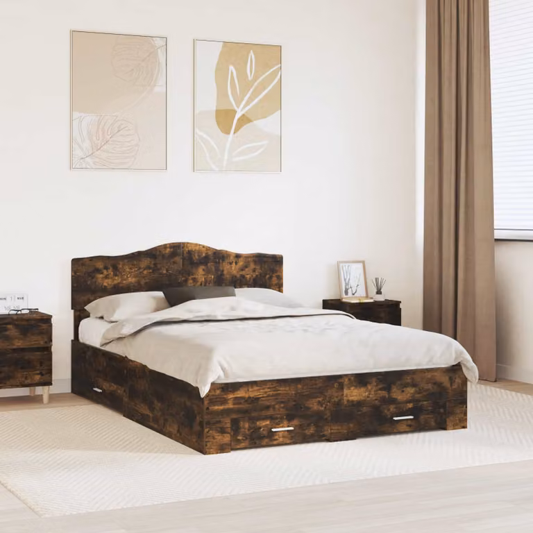 Struttura del letto con cassetti vidaXL in legno Rovere Fumo L: 140 cm, P: 200 cm, H: 90 cm
