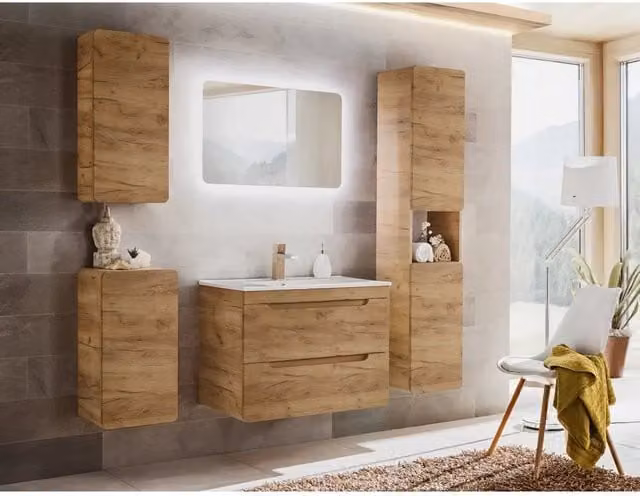 Mobile sottolavabo ERBANO – 2 cassetti – 80 cm – Colore rovere chiaro – Design sospeso contemporaneo