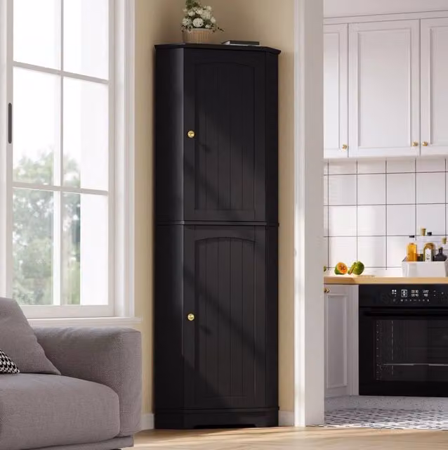 Mobile angolare moderno con 2 ante e ripiani regolabili in MDF nero e oro, L/P/H: 42 x 42 x 166 cm