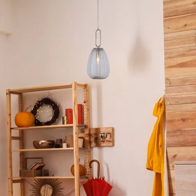 Lampada a sospensione moderna SEARCHLIGHT in metallo cromato e vetro trasparente, regolabile e dimmerabile, ideale per cucina, sala da pranzo o ingresso, attacco E27