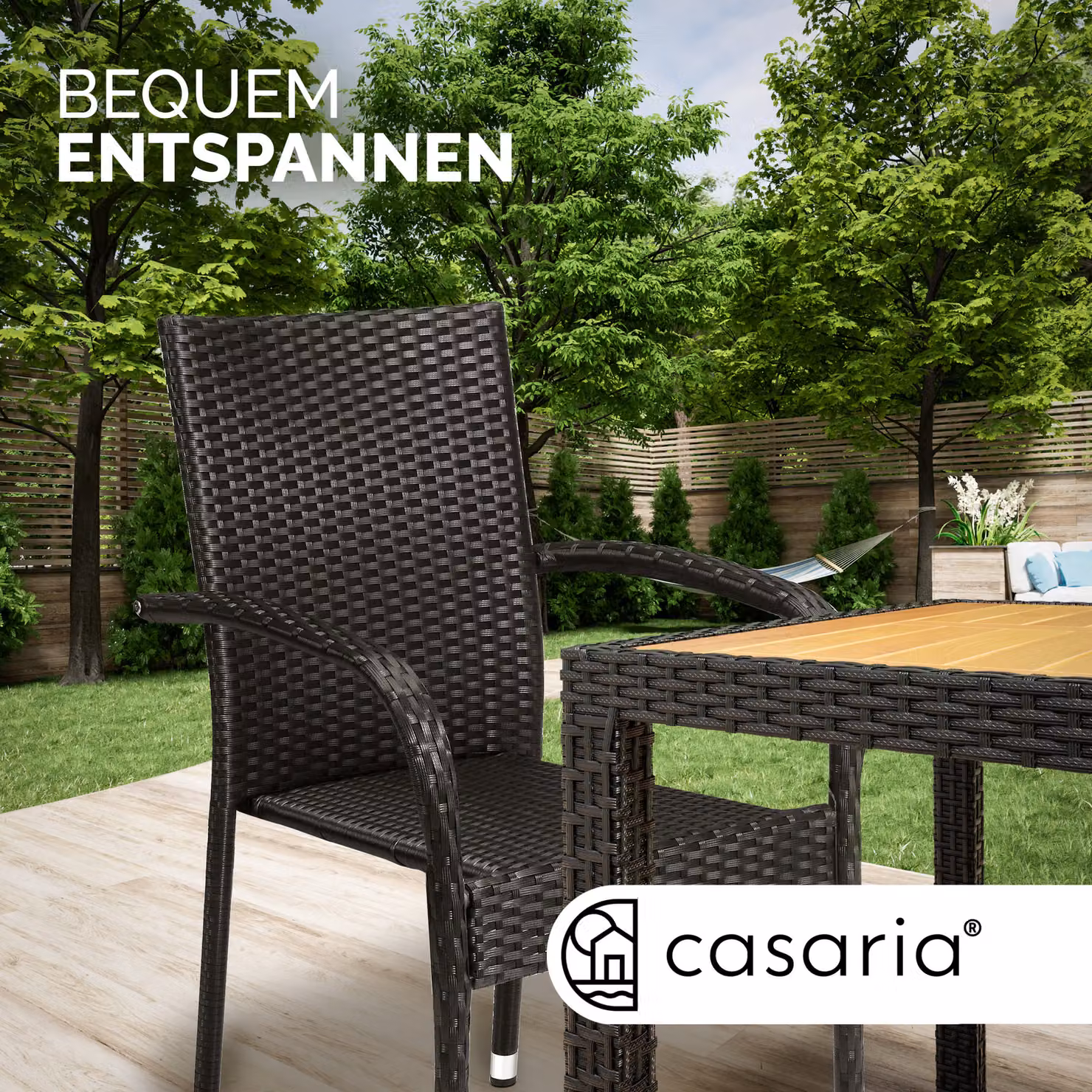 Set di 4 sedie impilabili Comfort Casaria in polyrattan e metallo nero per giardino e balcone – 3