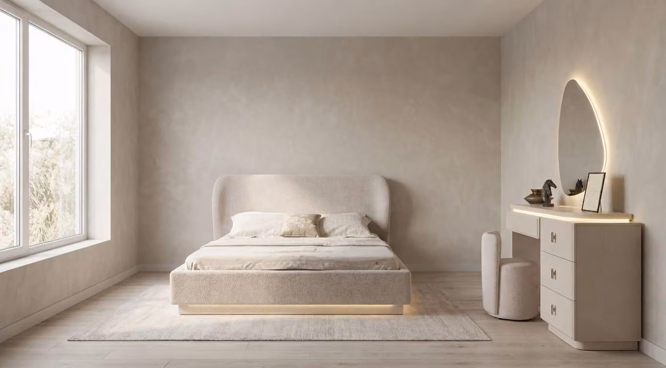 Set completo per camera da letto: letto, comò, sgabello, design beige