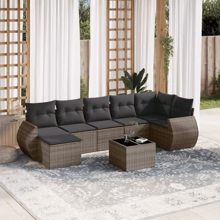 vidaXL Set Divano da Giardino 8 pz a L in Polyrattan Grigio con Cuscini e Tavolino