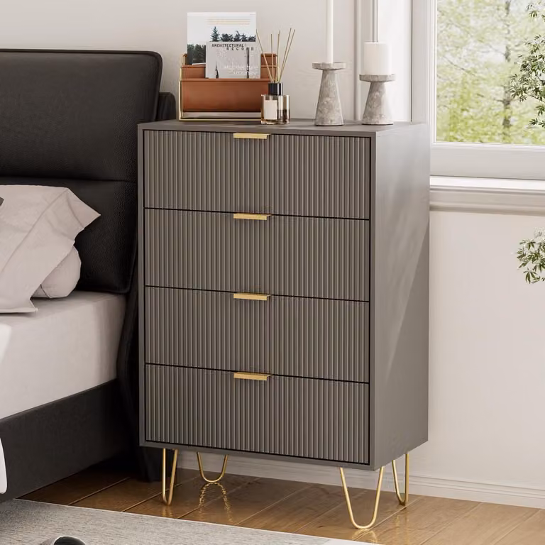 Comodino o mobiletto contenitore con 4 cassetti, dimensioni 34x60x91 cm, colore grigio, realizzato in legno con gambe dorate