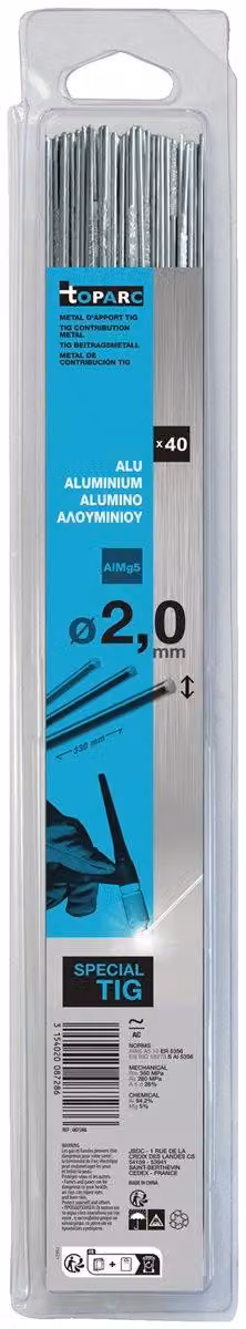Bastoncini per saldatura TIG in alluminio AlMg5 Ø 2,0 mm, 40 pezzi, 333 mm - 0,33 kg - confezione blister