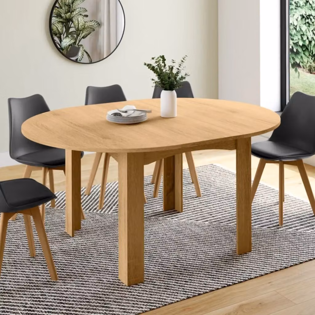 IDMarket Tavolo da pranzo rotondo estensibile DONA in legno color marrone e beige, L: 110-150 cm, H: 75 cm – 2