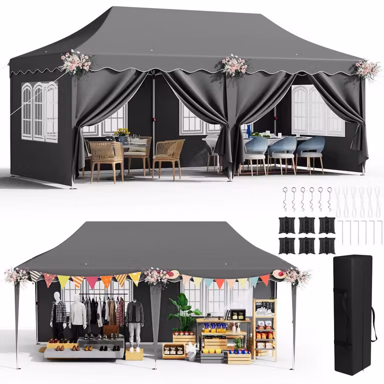Tenda da giardino 3x6 metri, grigia, impermeabile, stabile, con 6 pareti laterali e protezione UV 50+