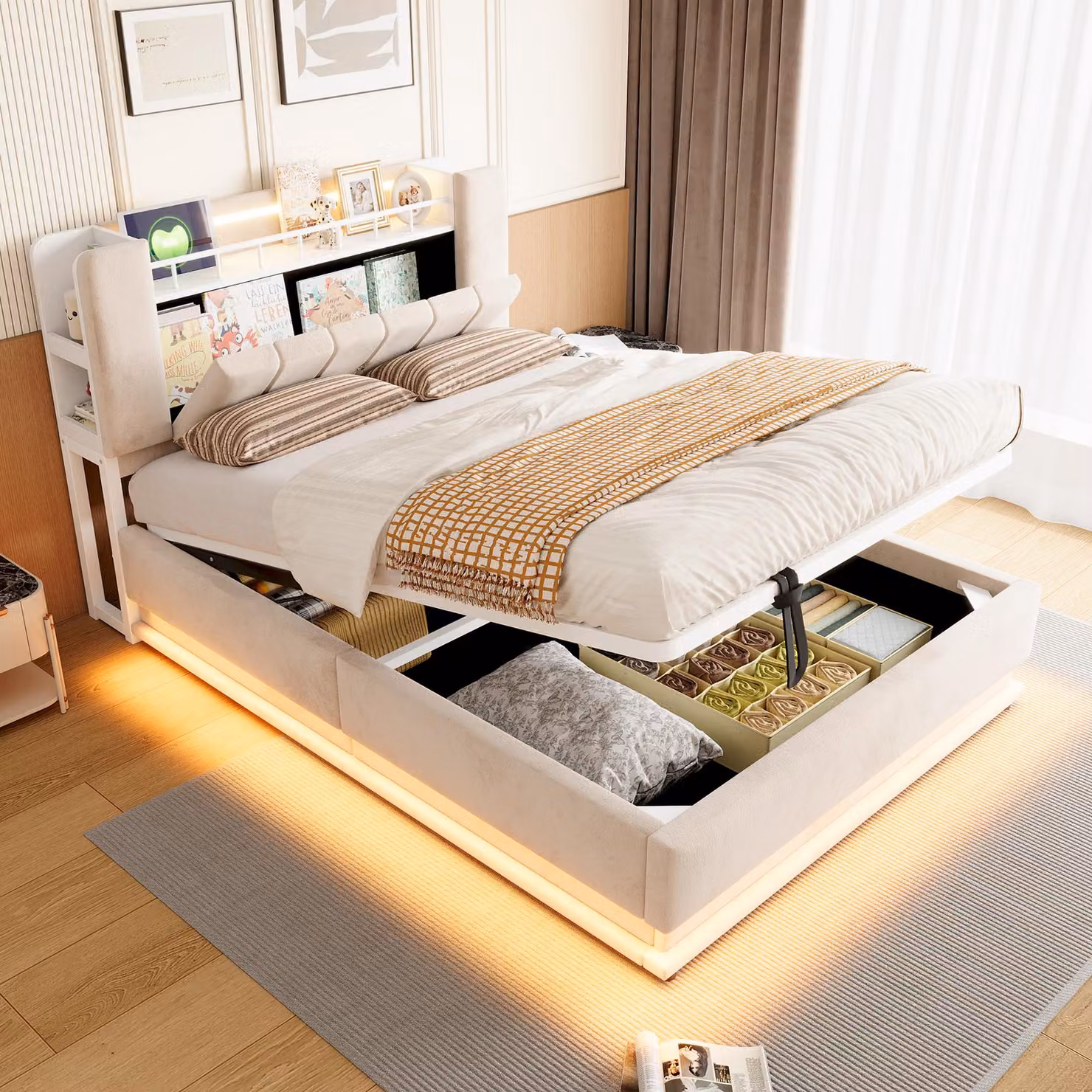 Letto imbottito 140 x 200 cm con illuminazione LED, prese USB e spazio contenitore ad apertura idraulica, rivestito in velluto, con rete a doghe in metallo e vano contenitore integrato nella testiera, colore beige