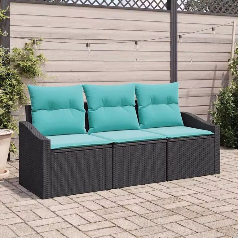 Set da giardino vidaXL composto da 3 divani da esterno e tavolino con cuscini color turchese e struttura in metallo nero
