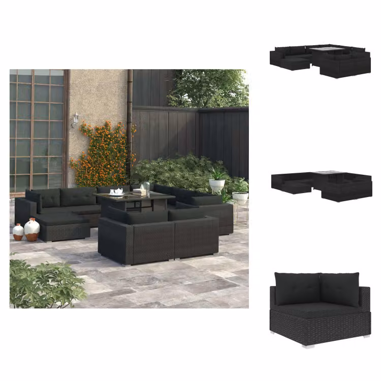 vidaXL Set da giardino da 10 pezzi con cuscini in poly rattan nero - Set di mobili da giardino