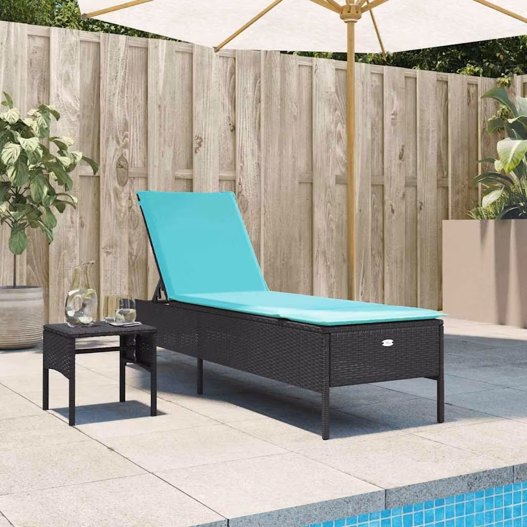 vidaXL Lettino prendisole in polyrattan nero con tavolino e cuscino impermeabile blu