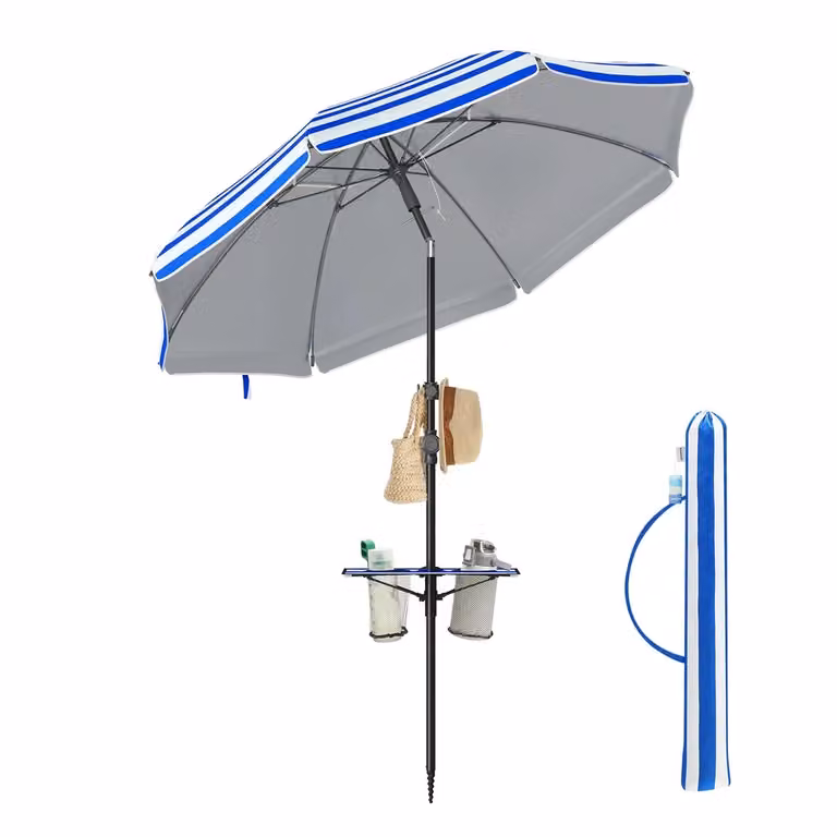 Ombrellone da spiaggia inclinabile con protezione solare e design versatile, Blu + Bianco / 160 cm