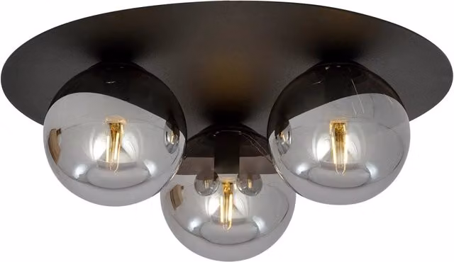 Plafoniera Minimal Orpheus Luceart-Classic con 3 Luci in Acciaio Nero e Sfere in Vetro Grigio Trasparente – 1