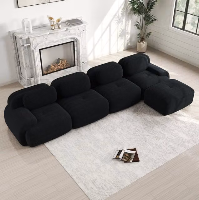 Divano angolare modulare 4 posti con chaise longue 388x178x70 cm in velluto a coste nero