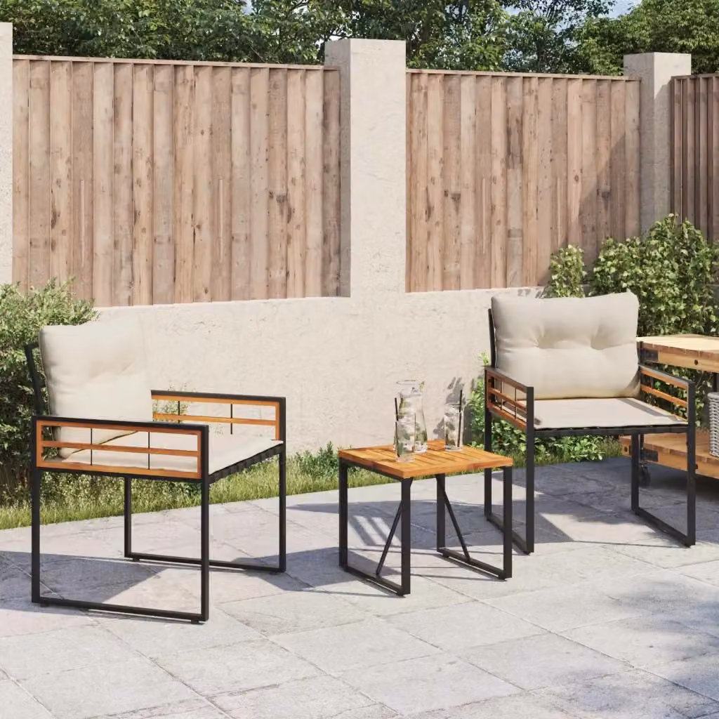 Set di mobili da esterno moderno in legno di acacia con cuscini beige e struttura nera per giardino, balcone o terrazzo – 2