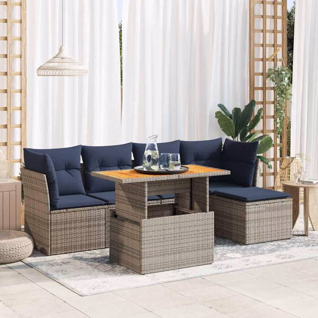 Set Divano da Giardino vidaXL 6 pz a Forma a L con Cuscini e Tavolino, Colore Grigio e Blu, Struttura in Metallo e Polyrattan
