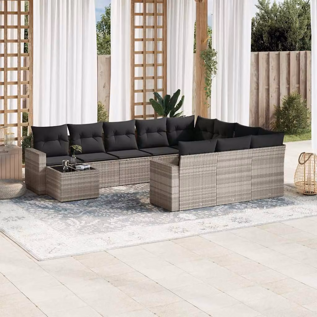 Set di divani da giardino vidaXL 11 pz in polyrattan grigio con cuscini e tavolino da esterno a forma di L – 1