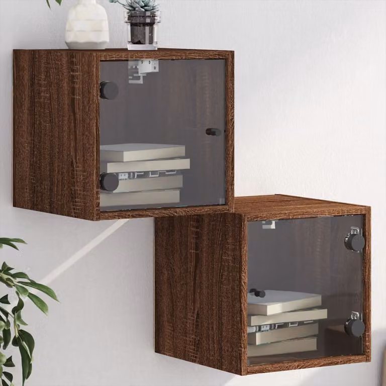 Set di 2 comodini moderni vidaXL con ante in vetro, colore marrone rovere, L 35 cm x P 37 cm x H 35 cm