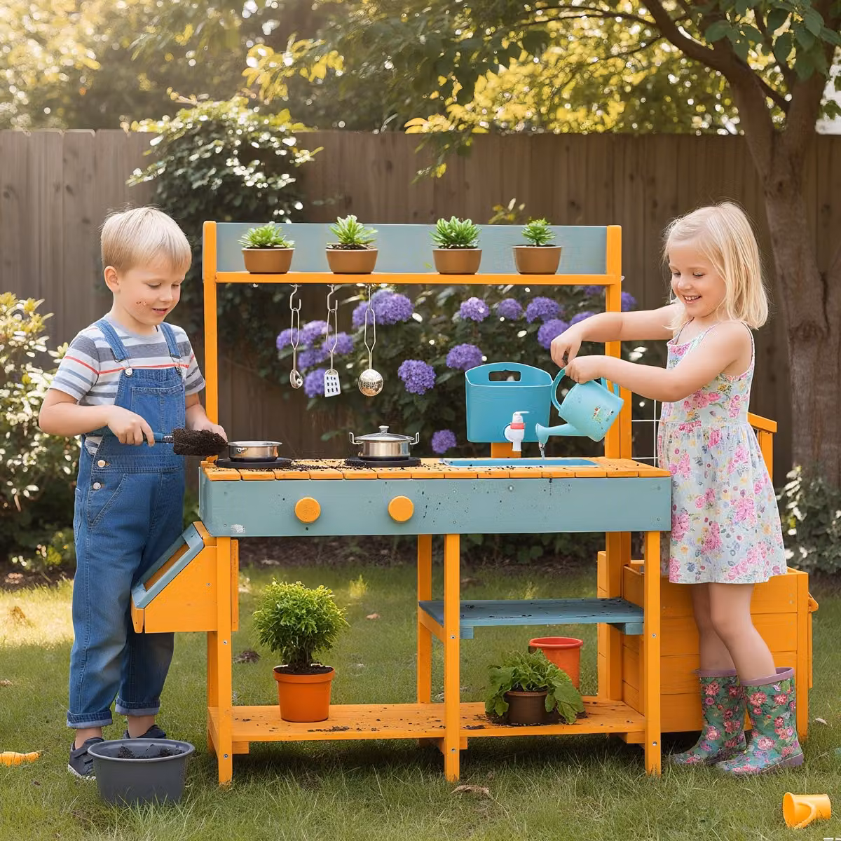 Cucina da esterno in legno per bambini Costway con accessori realistici e cassettiera per piante, Giallo