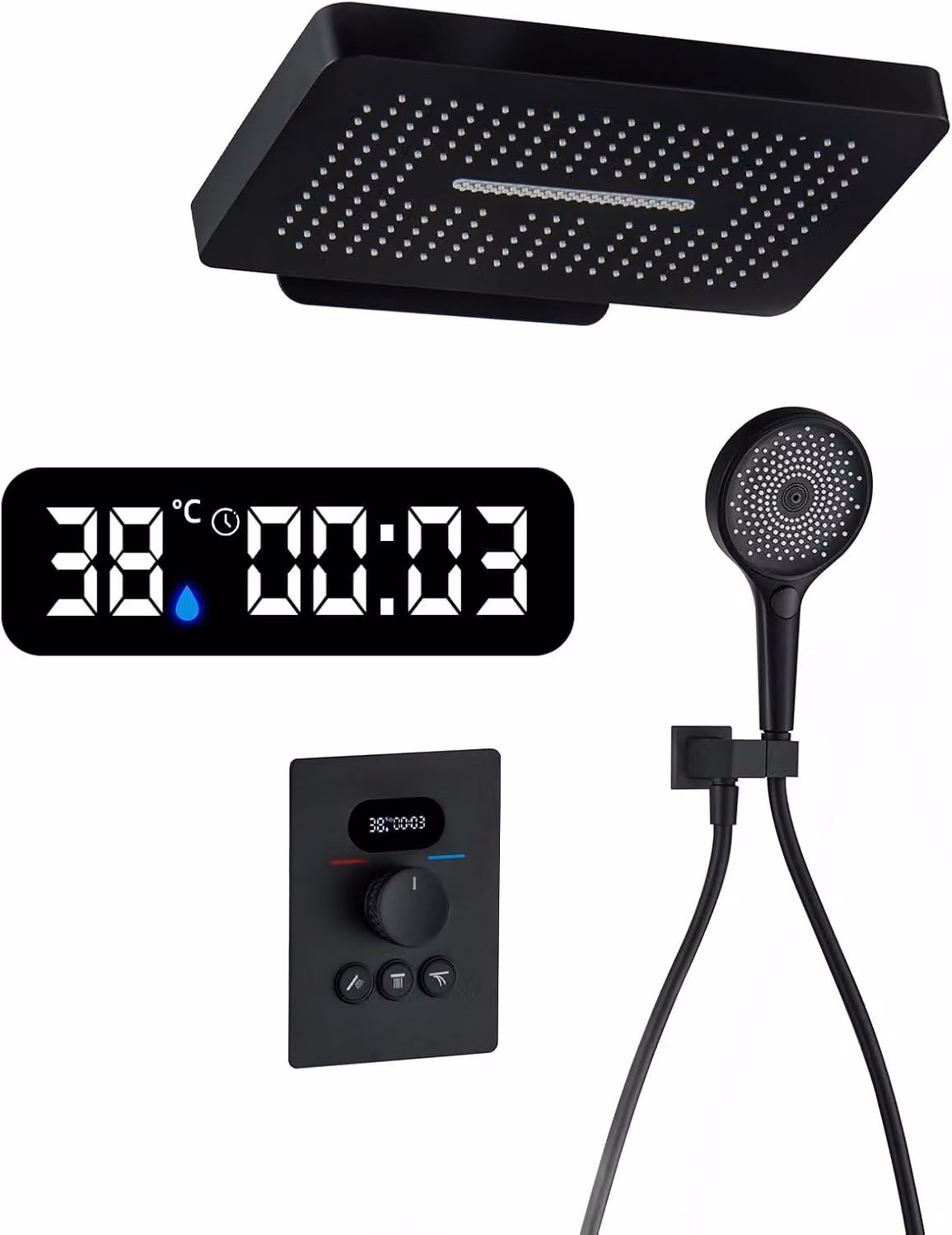 Colonna doccia termostatica, colonna doccia nera con display LED digitale, soffione a pioggia, doccetta manuale con 3 modalità, sistema moderno per il bagno, in ottone