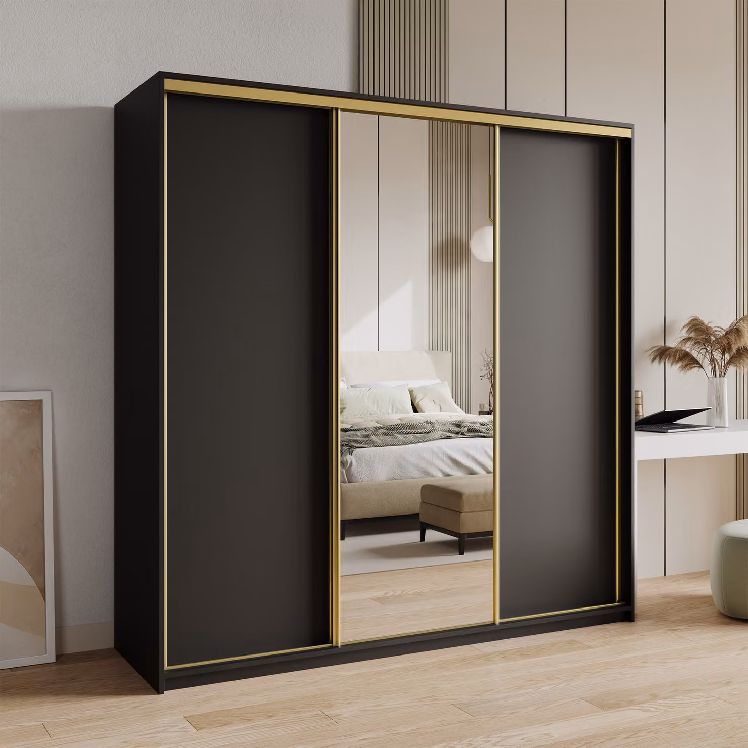 Armadio scorrevole Masseno TAVI 200/205/60 cm Armadio con cassetti Armadio per camera da letto a 3 ante con specchio Nero + Oro